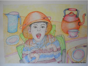 2. Kinder-Illustration: J. mit Spaghetti          